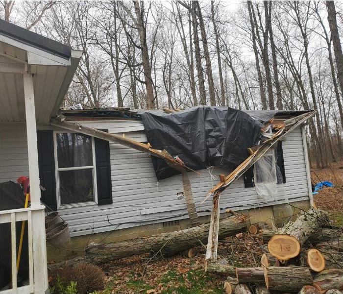 Rooftop of a rural home destroyed by a fallen tree